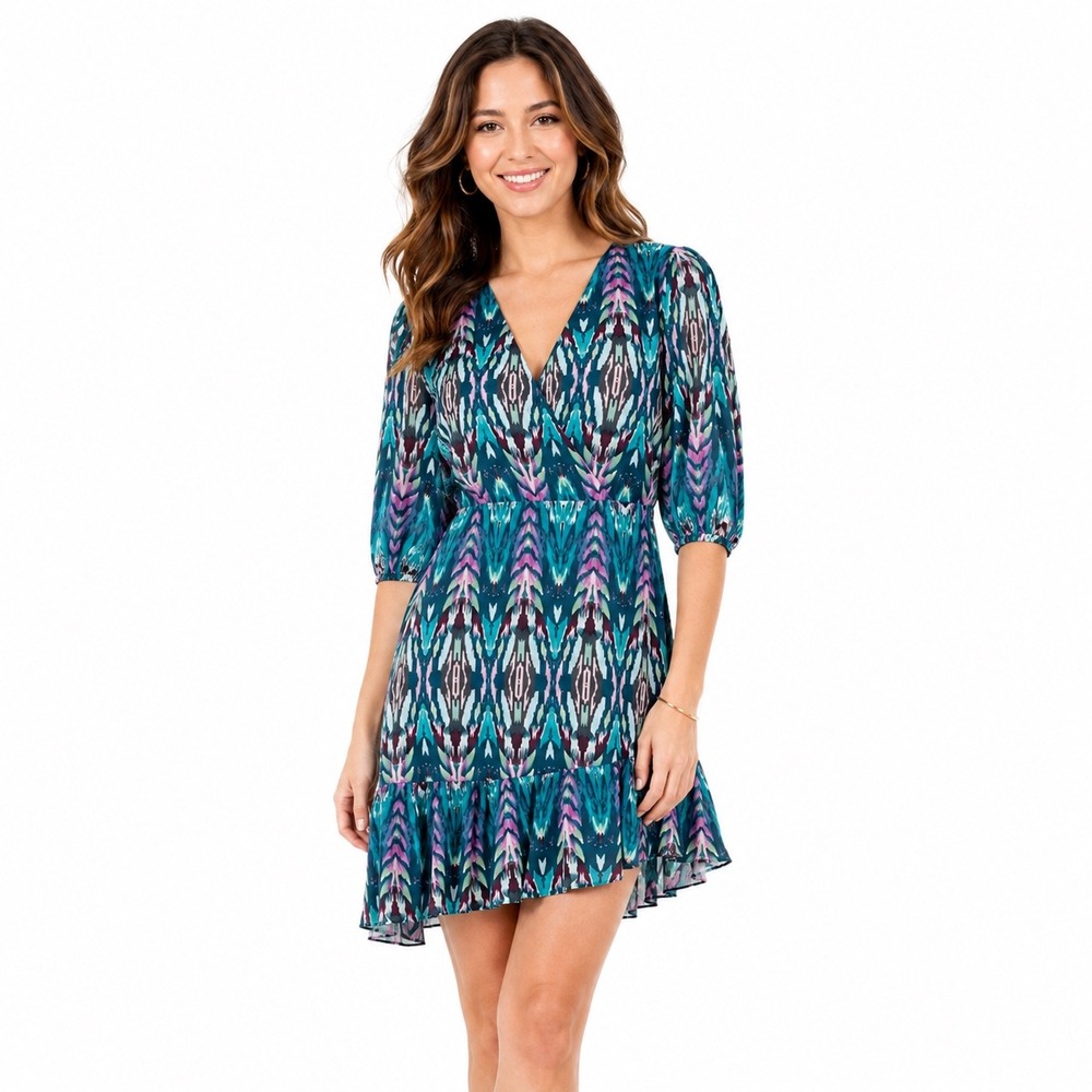 Melonie T Womens Teal Purple Ikat Print Faux Wrap Mini Dress Size 18 Puff Sleeve